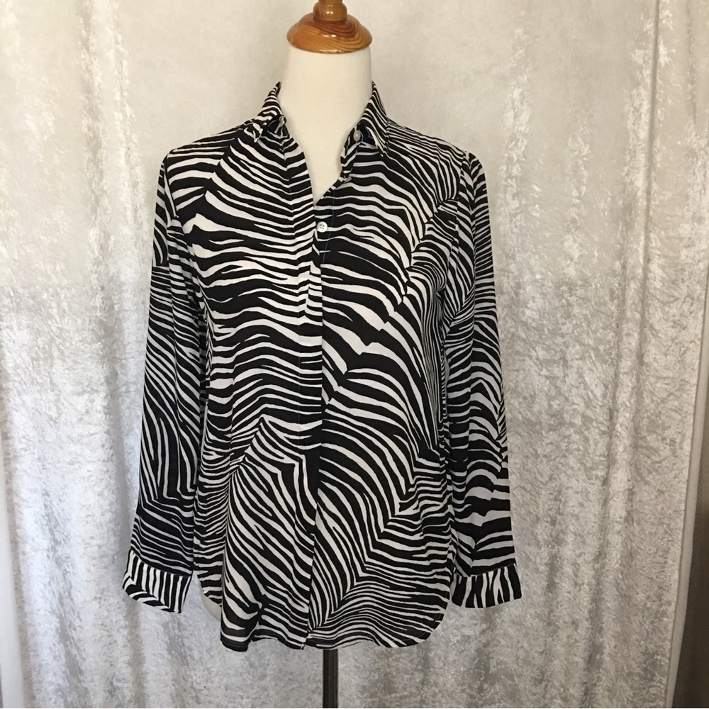 Ann Taylor Zebra stripes Animal  Print Blouse long sleeves Size Small Petite